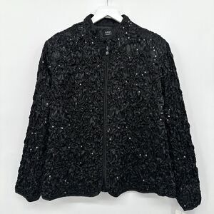 Vintage MSK Jacket Coat Plus Size 1X Black Crinkle‎ Sequin Satin Long Sleeve New
